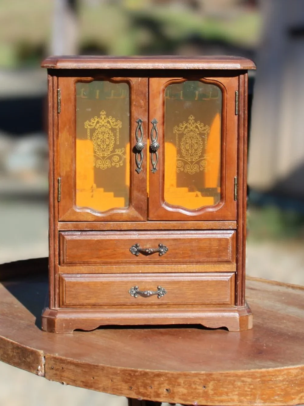 Vintage Wooden Jewelry Cabinet with plastic Doors and music box